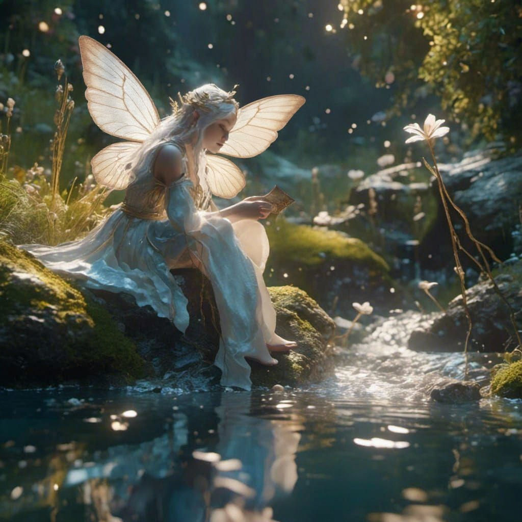 <lora:eye:1.0> a fairy relaxing by a stream