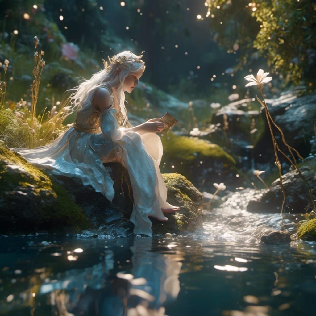 <lora:eye:1.0> a fairy relaxing by a stream