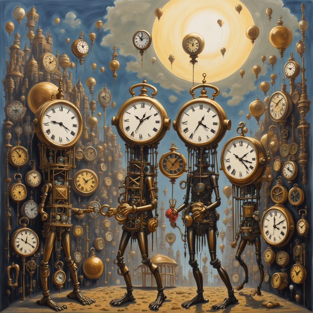 <lora:Eraserpunk Flux:1.0> <lora:BOUNCY BALLOONACY:1.0> Silhouettes with clocks for heads in a clockwork city