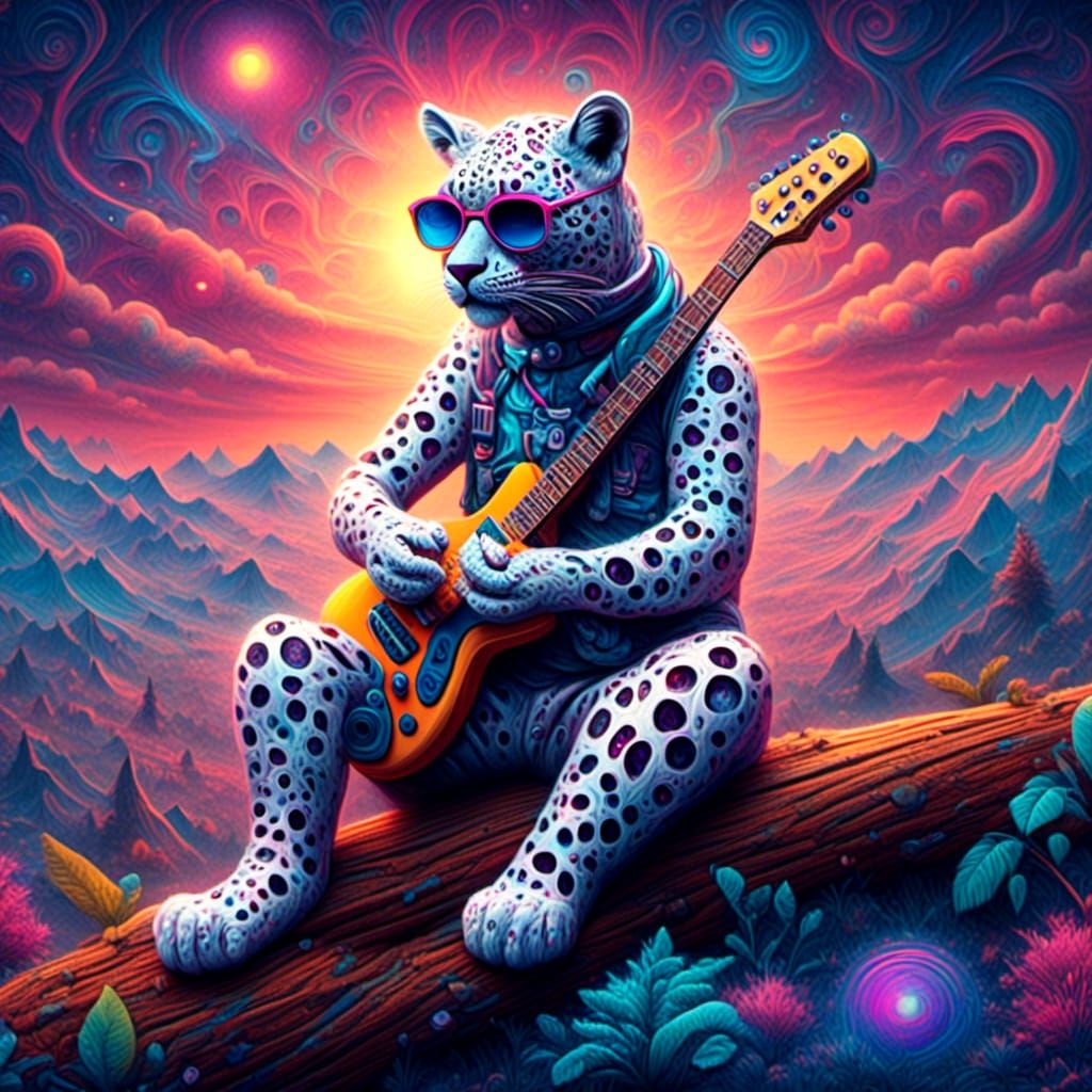 Snow Leopard Guitarist in Fractal Cosmos