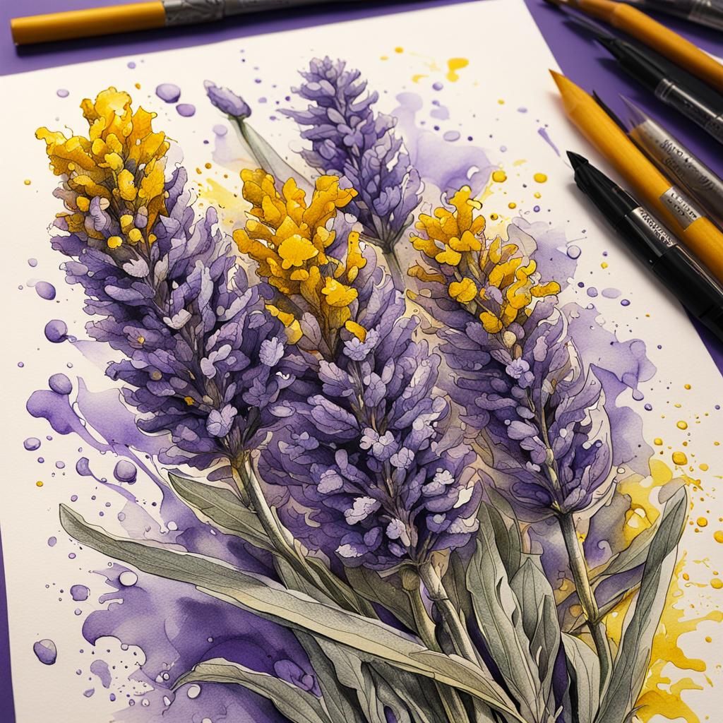 Lavender & Mustard Colorful 
 botanical ink drawing