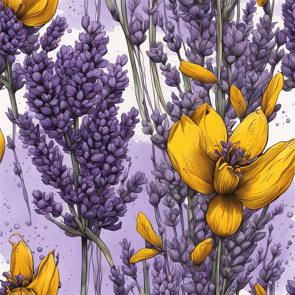 Lavender & Mustard Colorful 
 botanical ink drawing