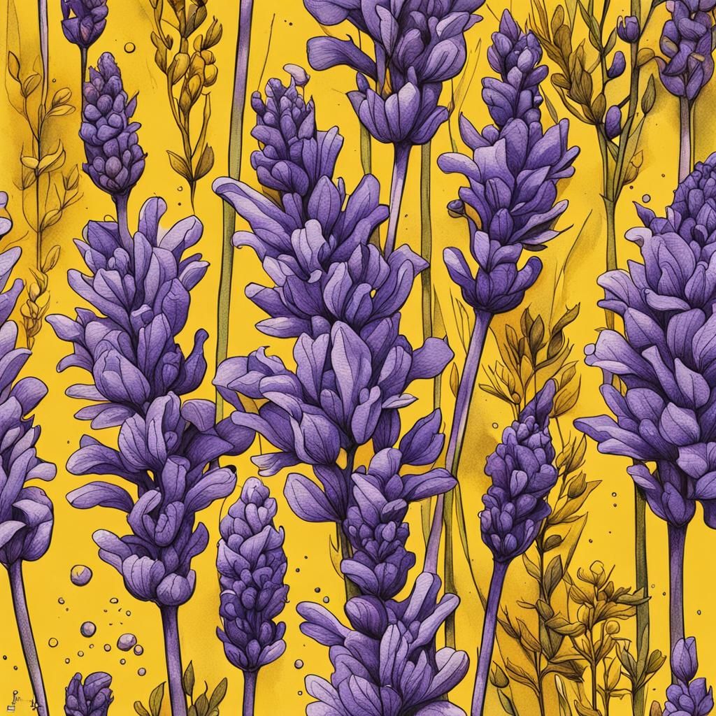Lavender & Mustard Colorful 
 botanical ink drawing