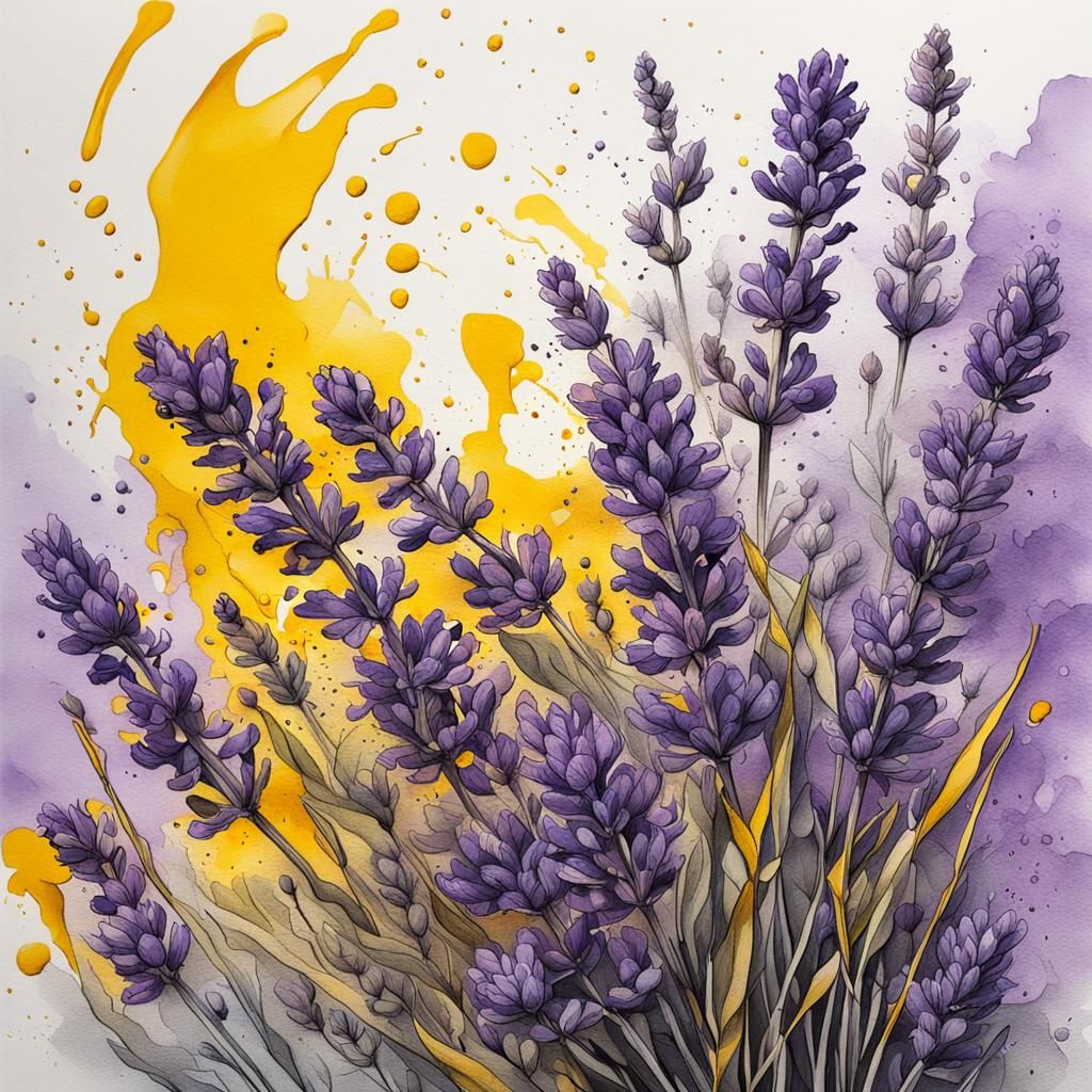 Lavender & Mustard Colorful 
 botanical ink drawing