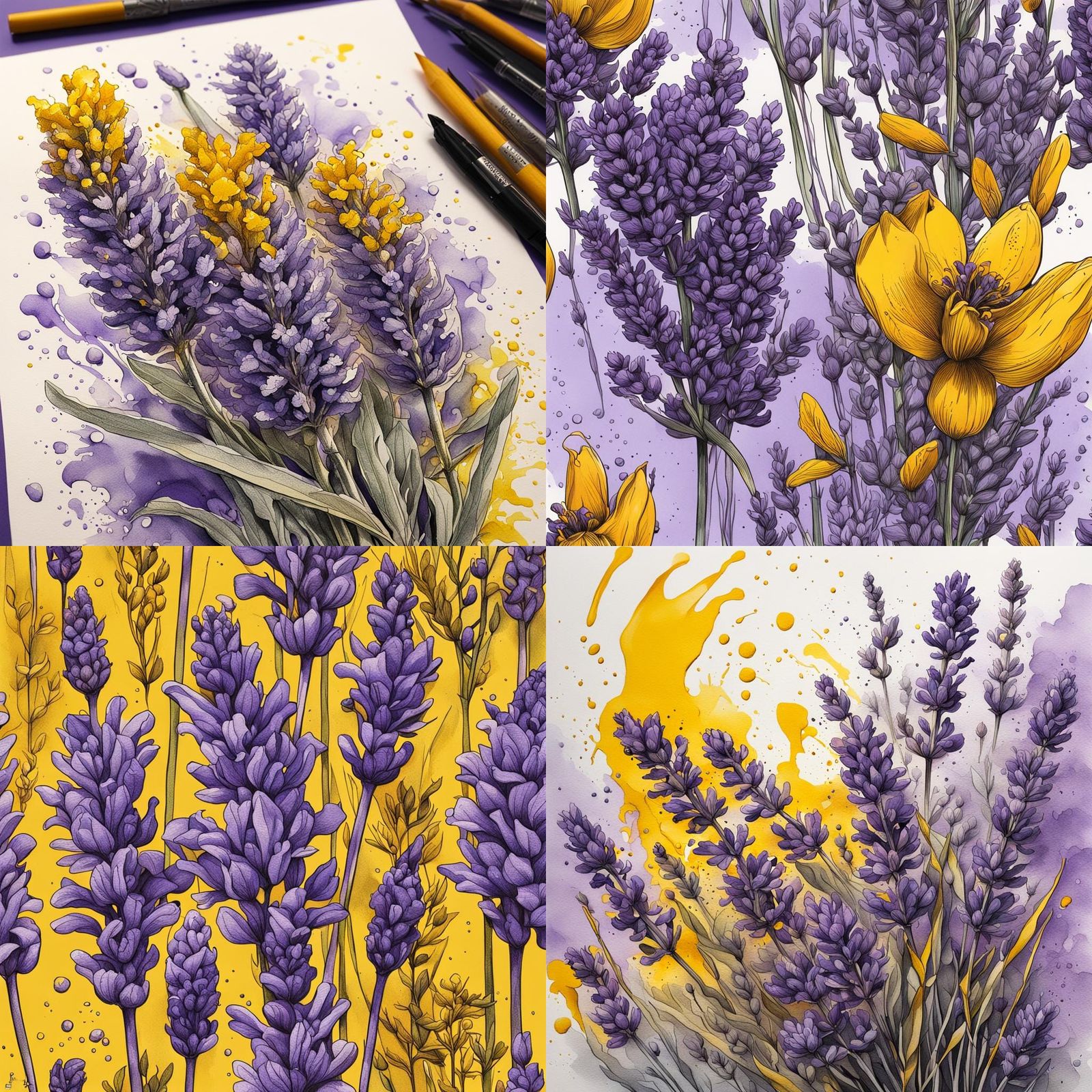 Lavender & Mustard Colorful 
 botanical ink drawing