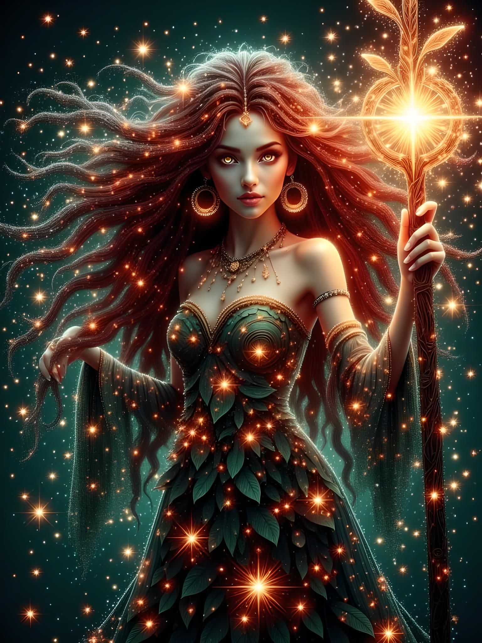 <lora:Magical Stars Flux:1.0> expansive, full body shot, Extremely beautiful futuristic video-game character druid young woman surronded for...