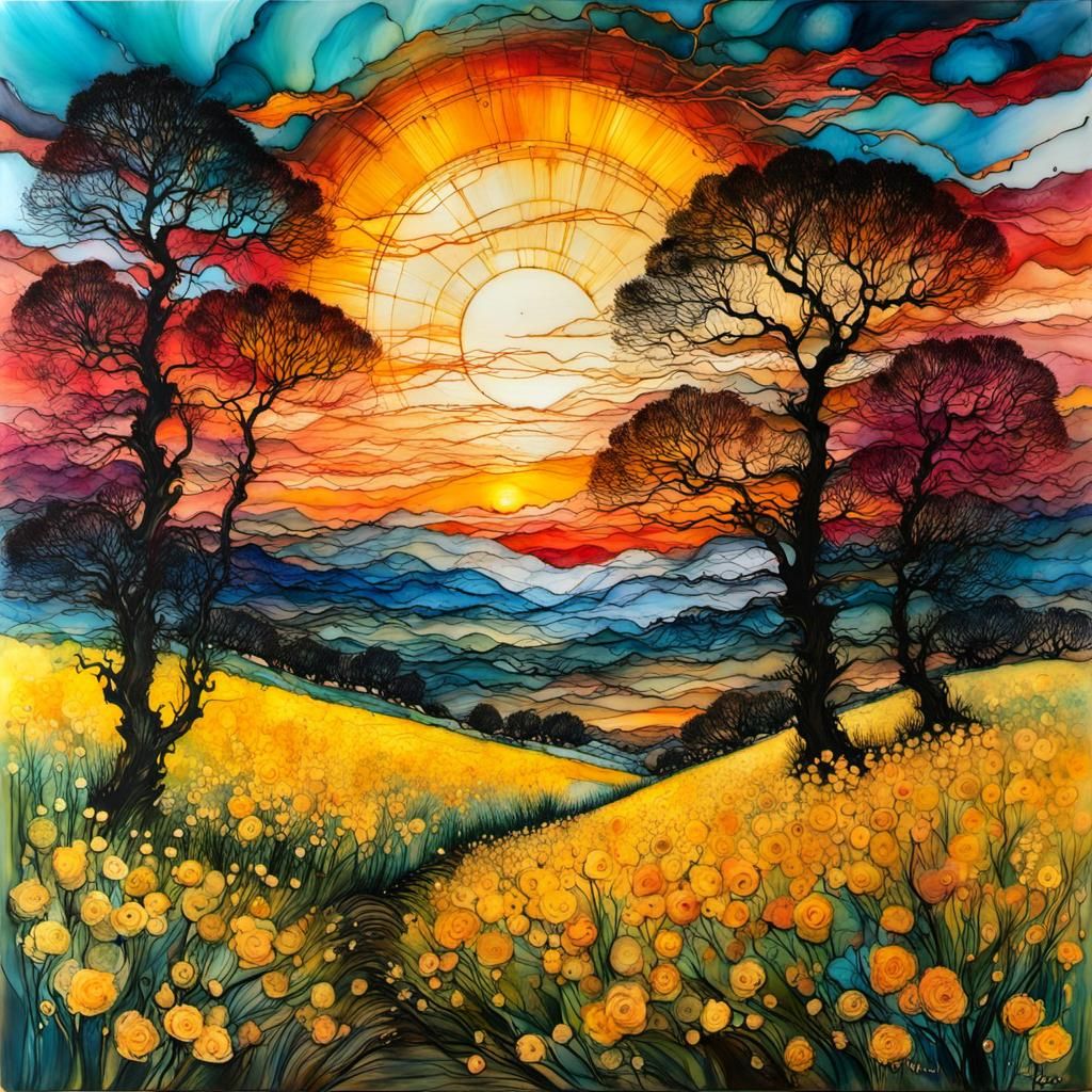 Encaustic spring landscape alcohol ink chaotic sunset spring, golden ratio, by Van Gogh, Carne Griffiths ...  by @5Foot3 Marie