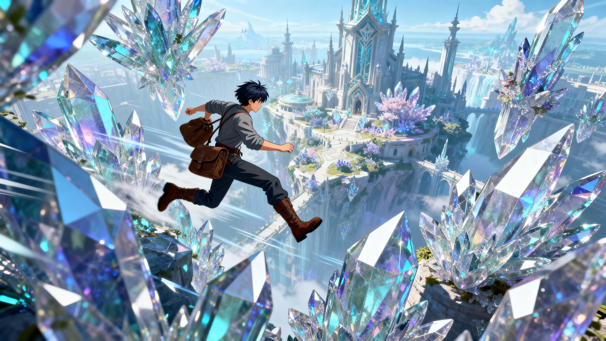 A dynamic anime action sequence depicts a nimble explorer leaping between colossal, crystalline structures in a vibrant, otherworldly city. ...