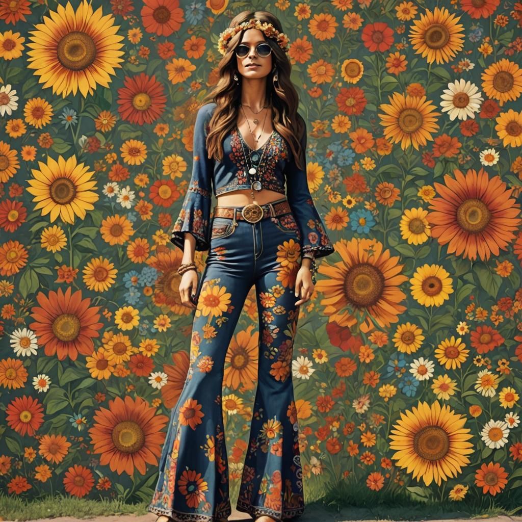 Hippie woman wearing bell bottom pants, 60's hippie clothes, flower ...