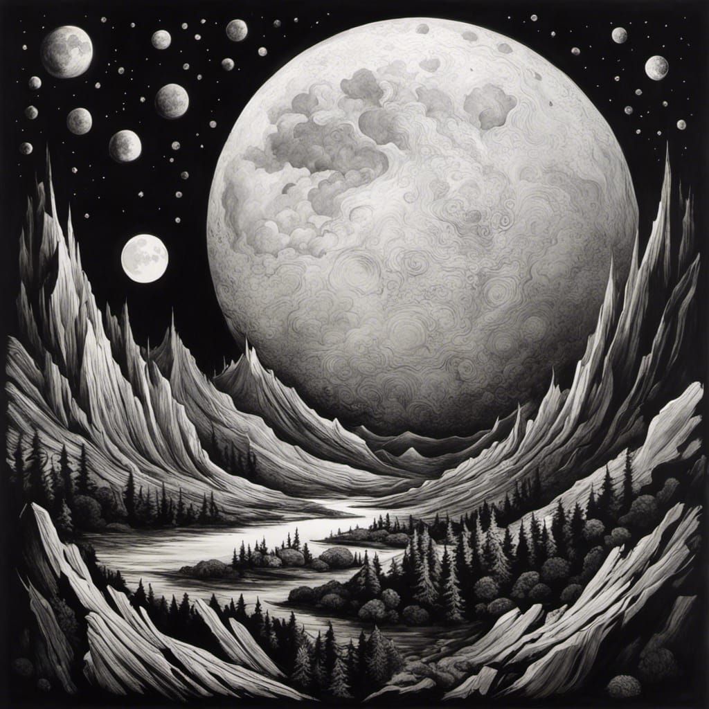 Black and white moonscape ink drawing by Greg Simkins, Shawn Coss and ...