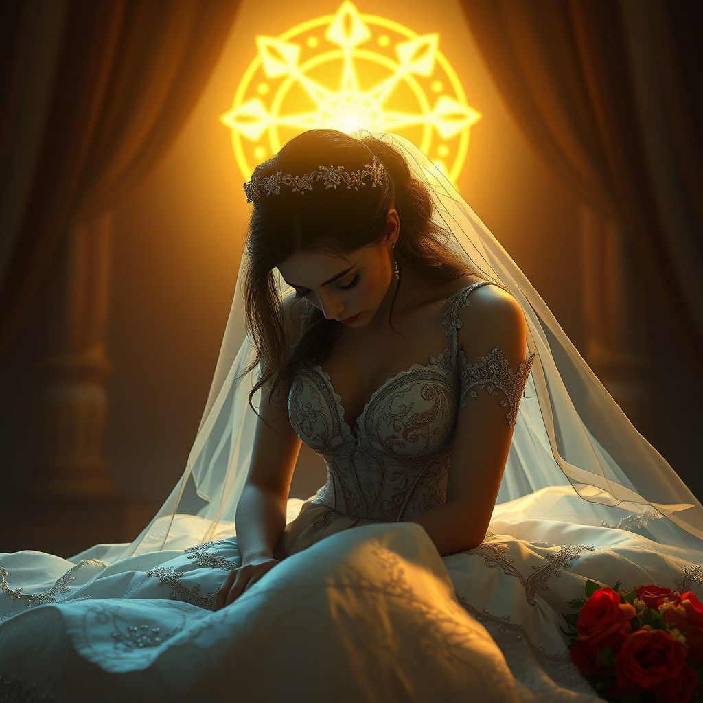 Melancholic Bride in Ornate Gown, Digital Portrait
