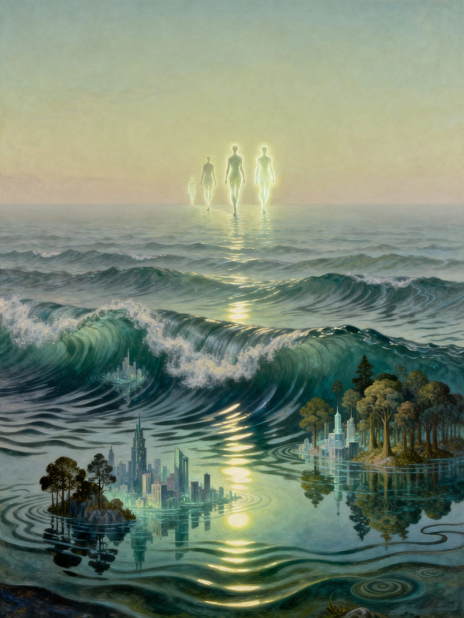  A surreal seascape where waves reflect visions of the future: submerged cities, reborn forests, and luminous human silhouettes walking on t...