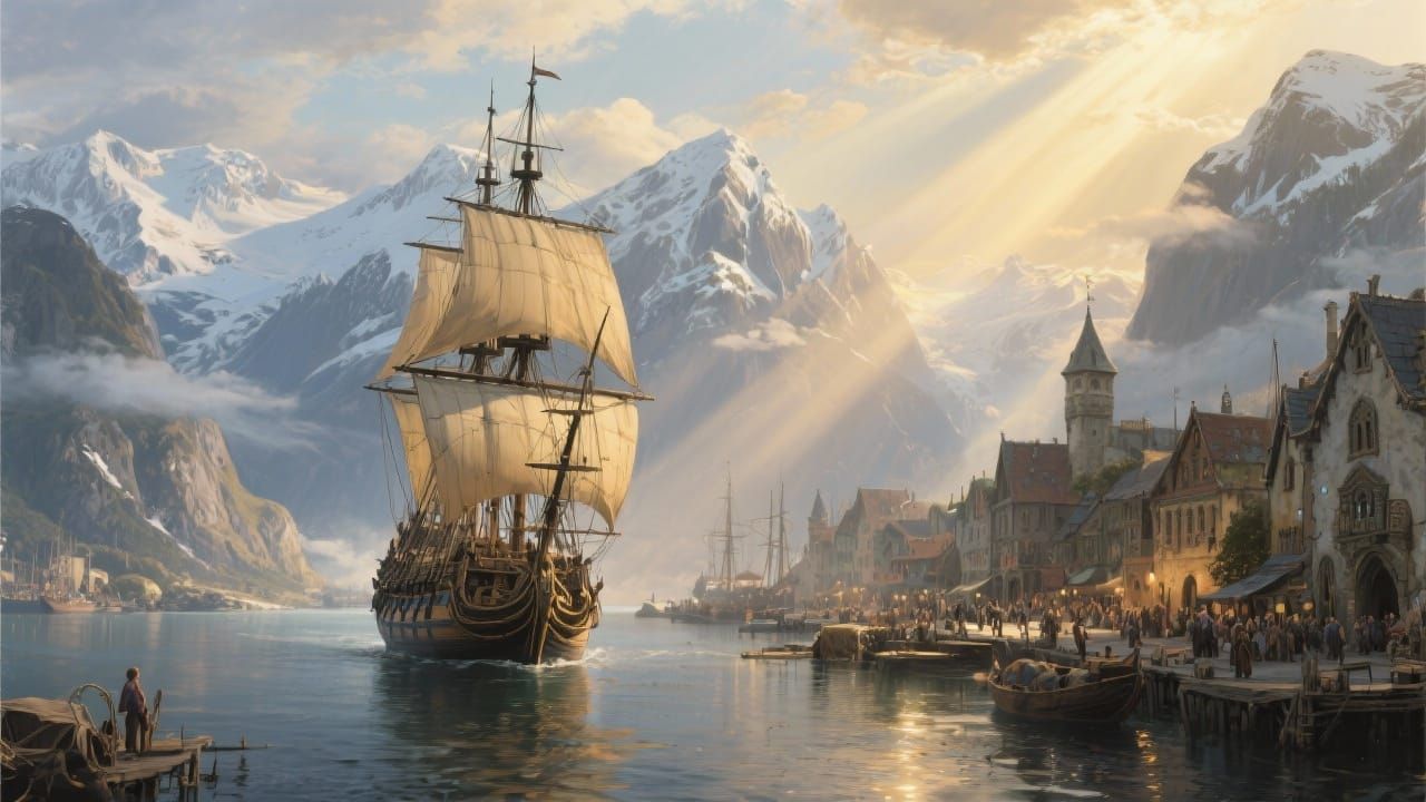 An epic matte painting of a majestic galleon sailing into a bustling fjord harbor. Colossal, snow-capped mountains dominate the background, ...
