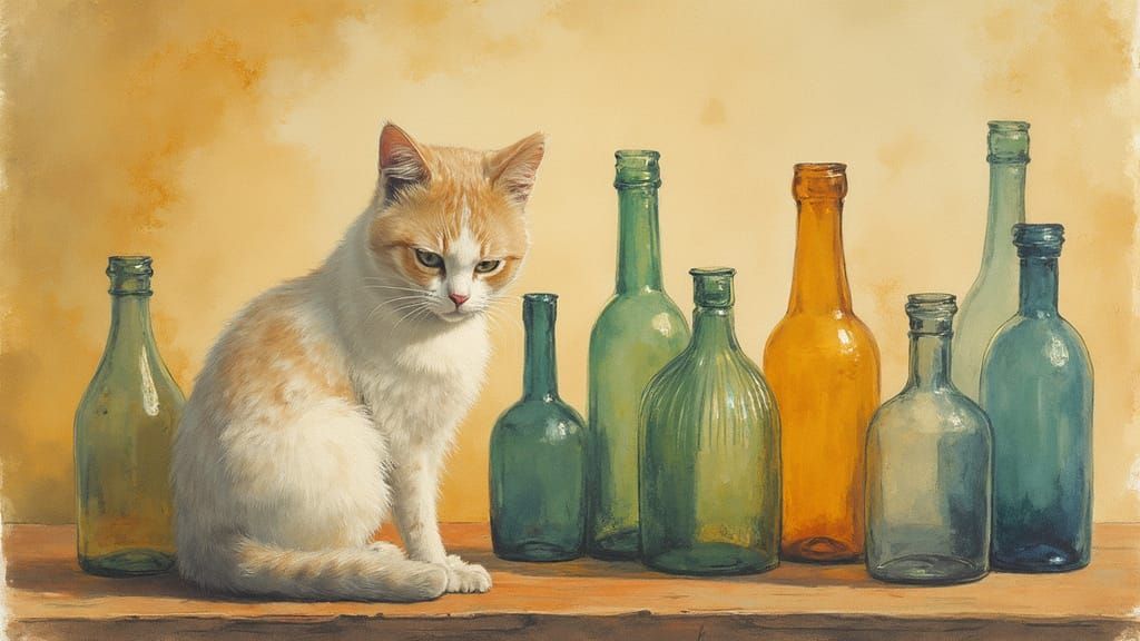 émotionnel Il s’agit d’une collection Chat et bouteilles où vous pouvez vous éloigner de la vie quotidienne, en 1972, peinture aquarelle dégradée de Kaoru Yamada_23