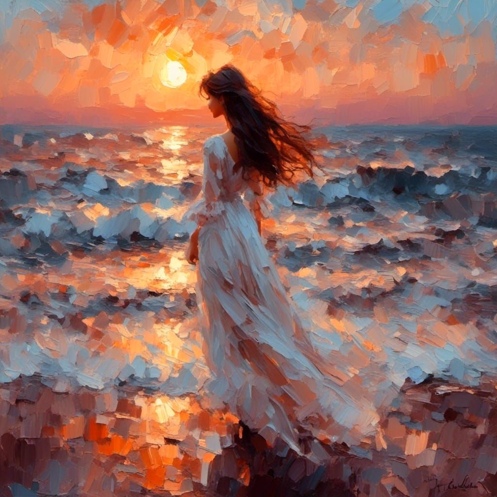 woman brunette, sunset seashore<lora:BeautyStrokes:1.0>
