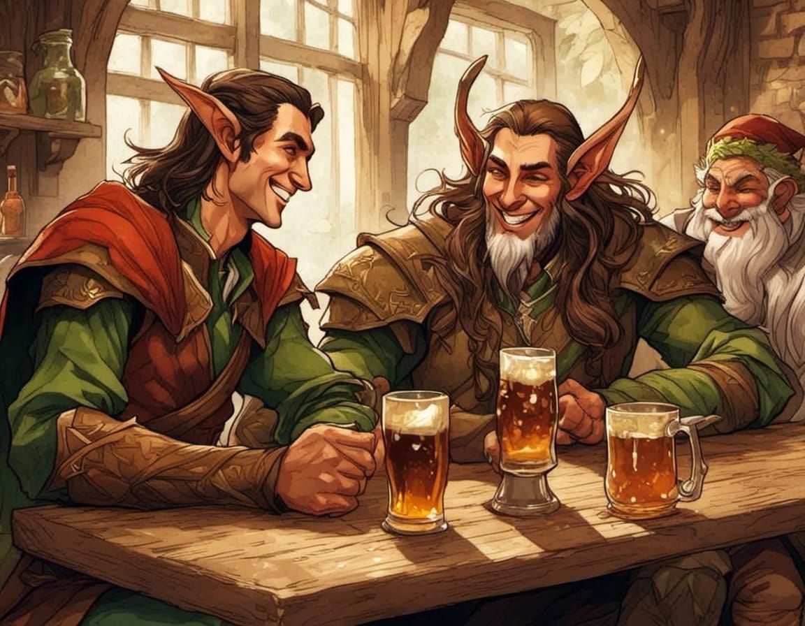 Drunken Elf and Laughing Dwarf in Tavern