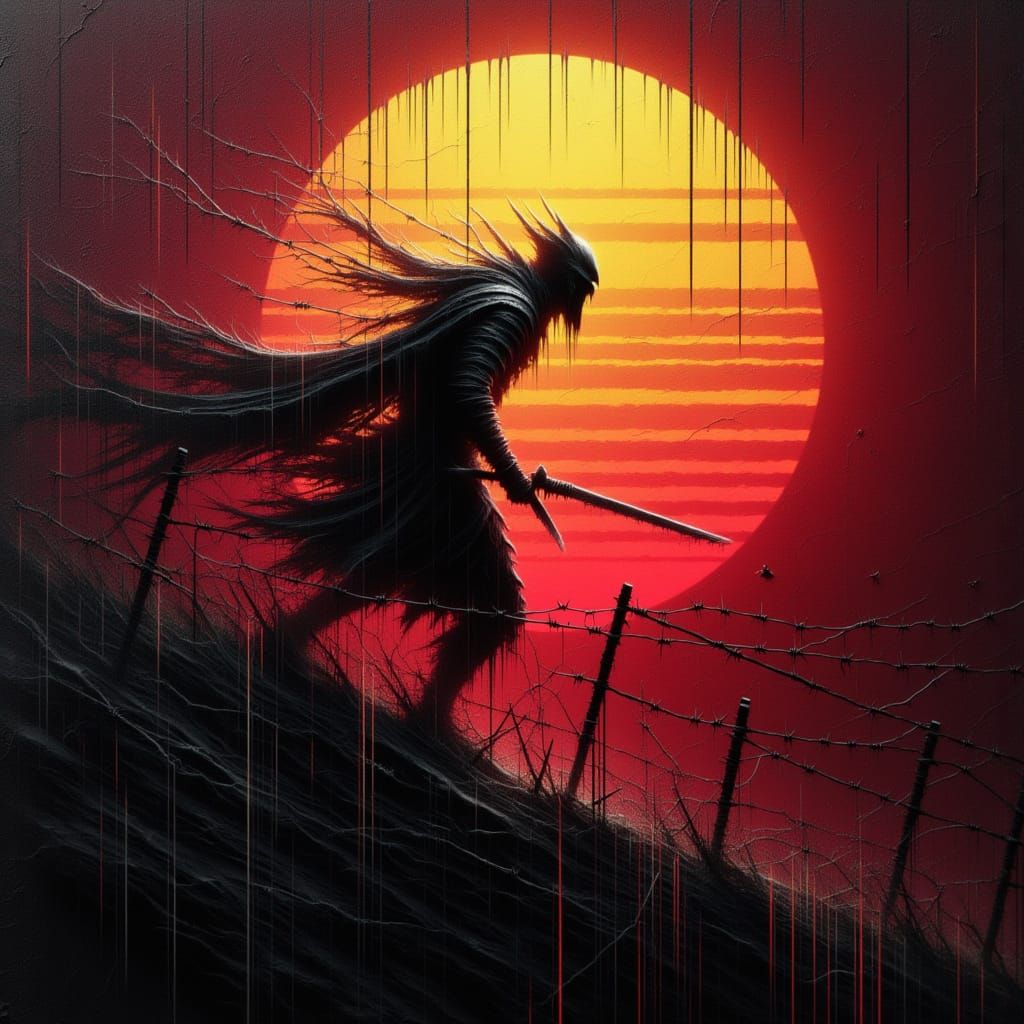 Dystopian warrior with wild dragon by <lora:Weird:1.0>.Sunset background on black craked canvas