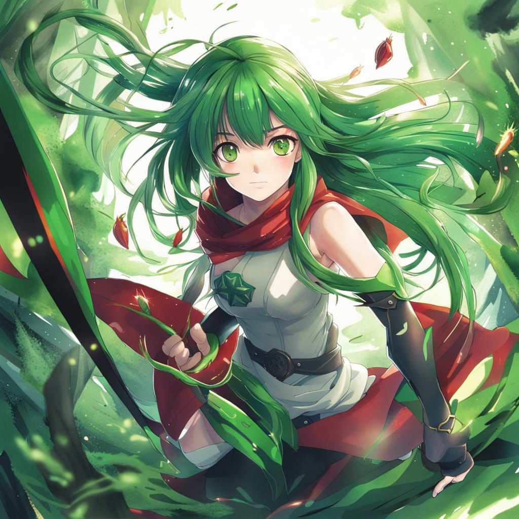 Girl with nature powers, green long hair, green eyes+, red scarf epic+ ...