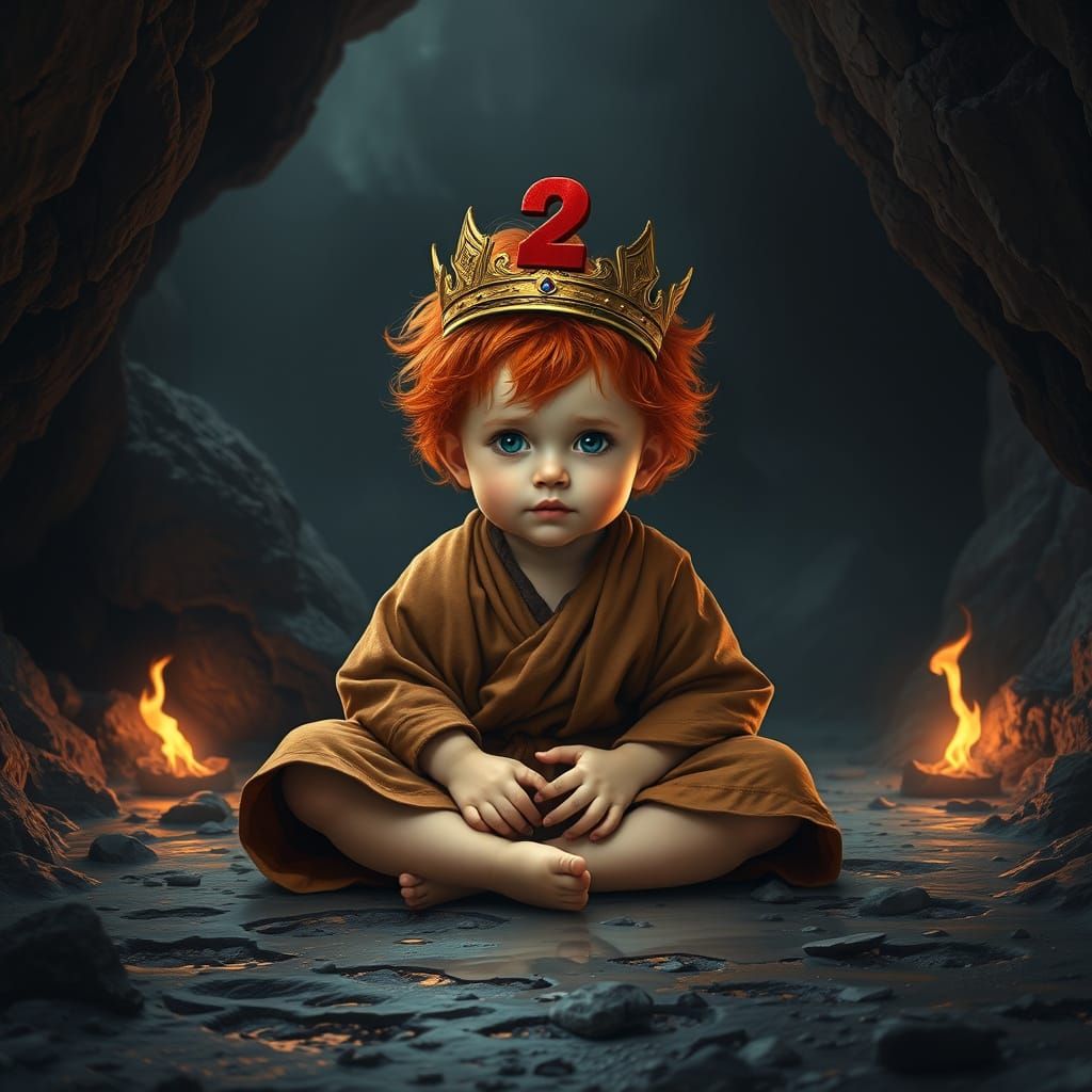 Mystical Cave Child with Fiery Crown