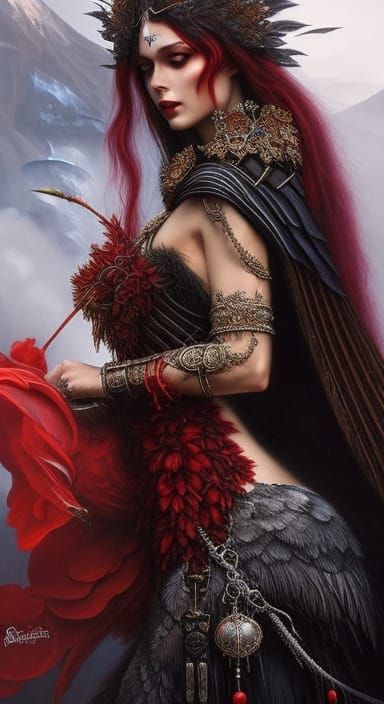 Gothic Raven Goddess Portrait in Hyperrealistic Style