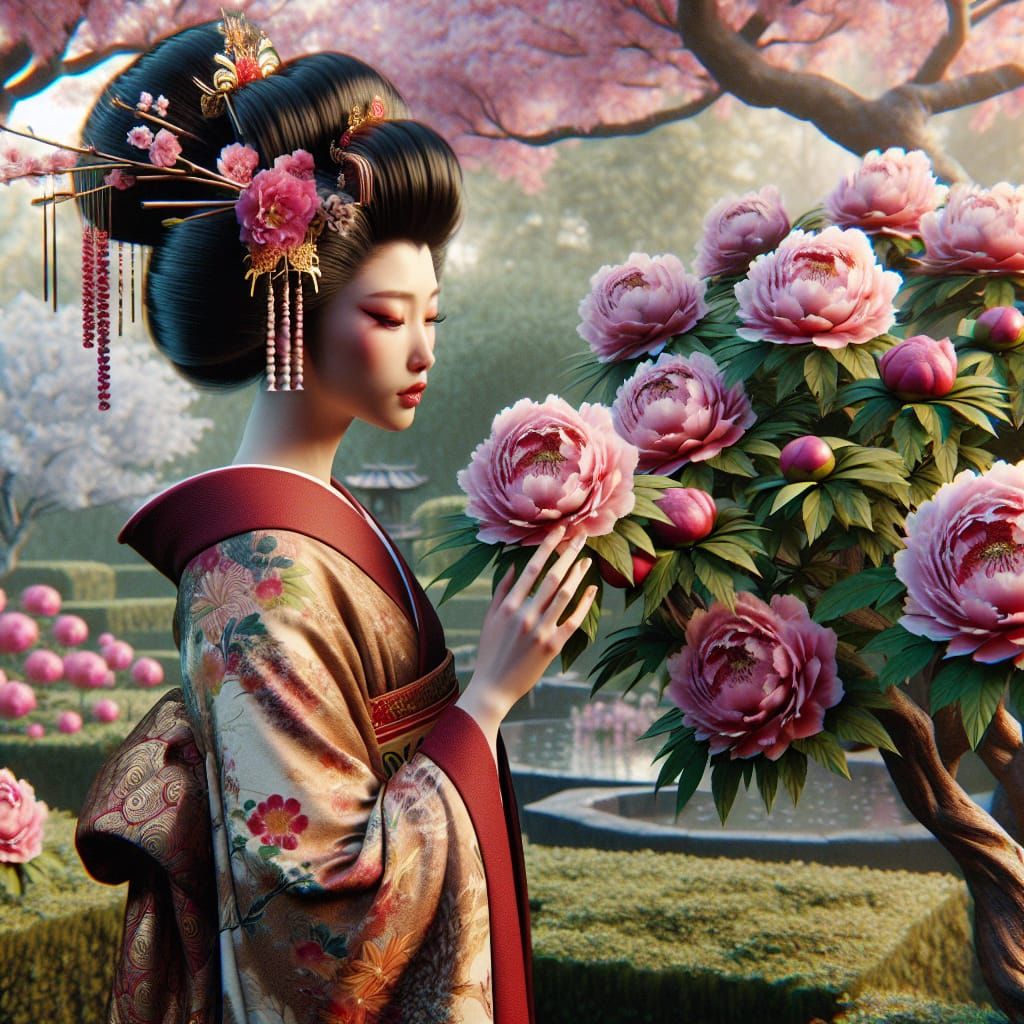Создайте суперреадистическое изображение : Прекрасная гейша с изысканной высокой прической, украшенной цветами сакуры, в роскошном кимоно ст...