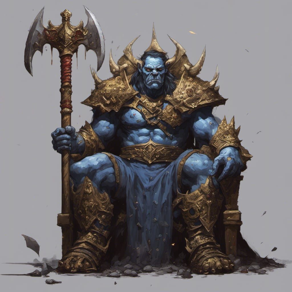 Orc Warlord. Grim face. Sitting on a golden throne. Holding a bloodied ...