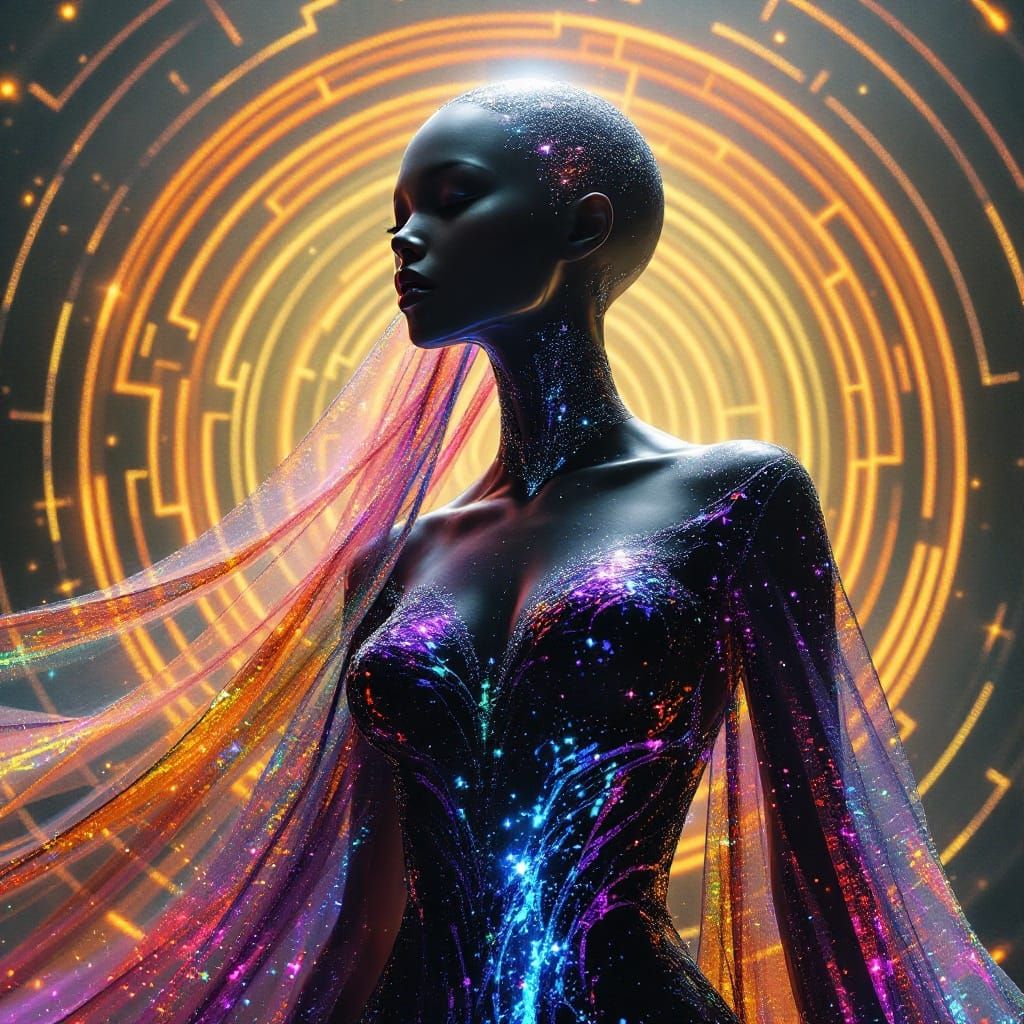 Android Goddess Dressed in Vibrant Rainbow Gown with Starlig...