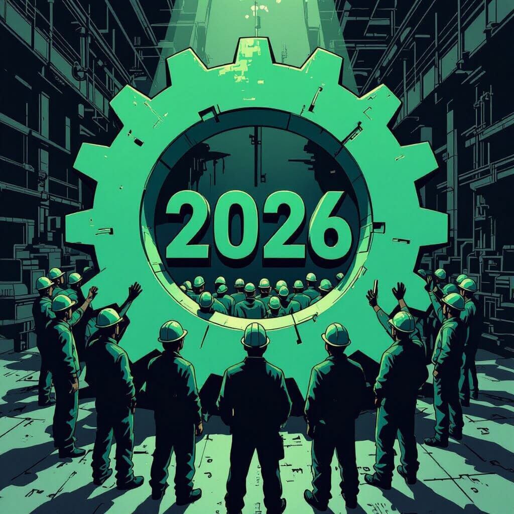 An association of industrial workers wearing hard hats, united in the shape of a sea-green mechanical gear symbolizing the year 2026.