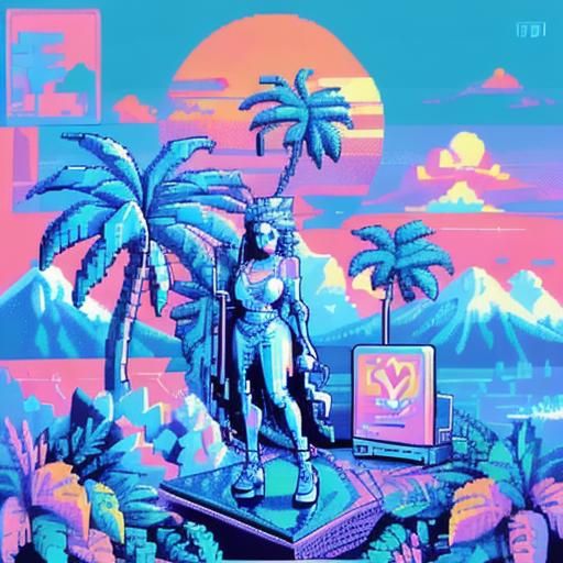 <lora:TidalWaves v1:1.0> Pixel art statues with palm trees synthwave neon retro neo-impressionism expressionist style oil painting, smooth p...