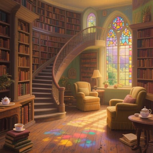 Charming Library with Stained Glass Windows