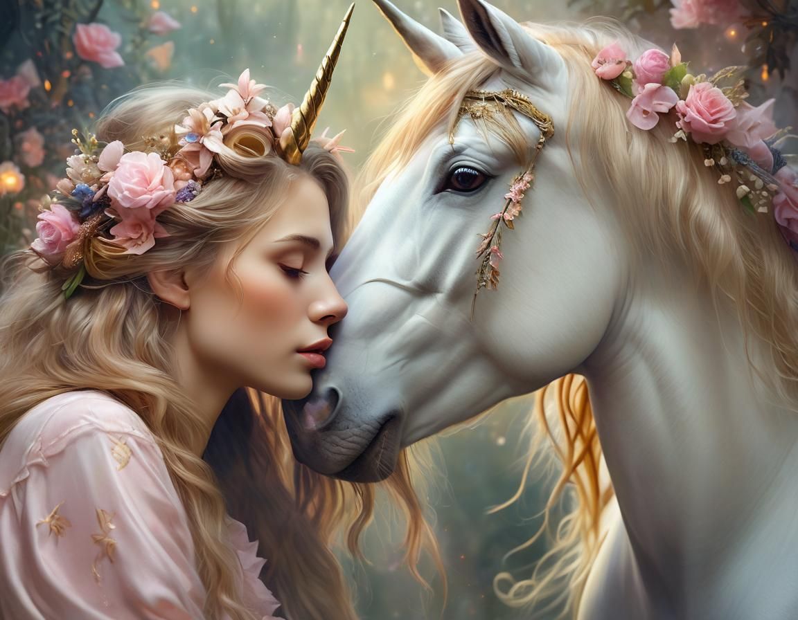 Female Warrior and Unicorn Kiss in Surreal Oil Painting