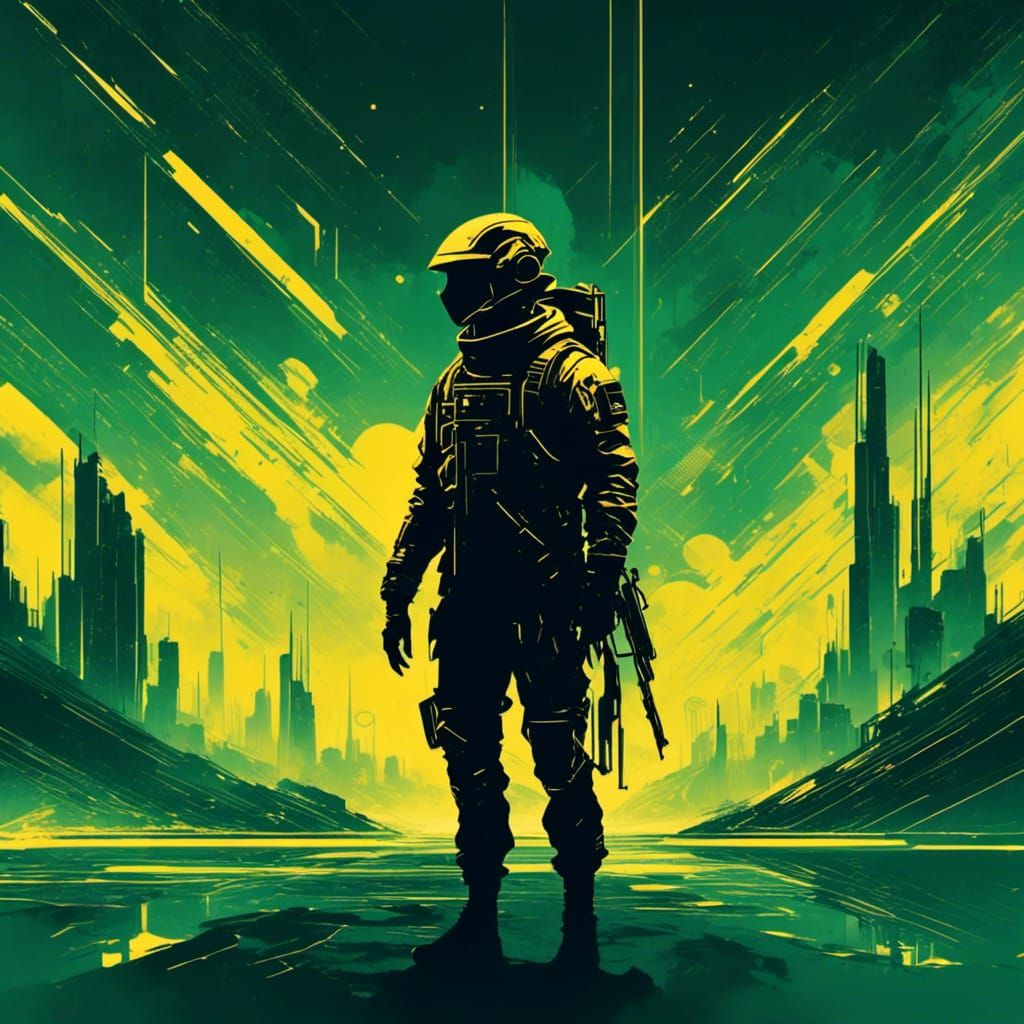 <lora:GlitchcoreSilhouette:1.0> A minimalistic sci-fi book cover illustration, silhouette, glitchcore, yellow and dark green