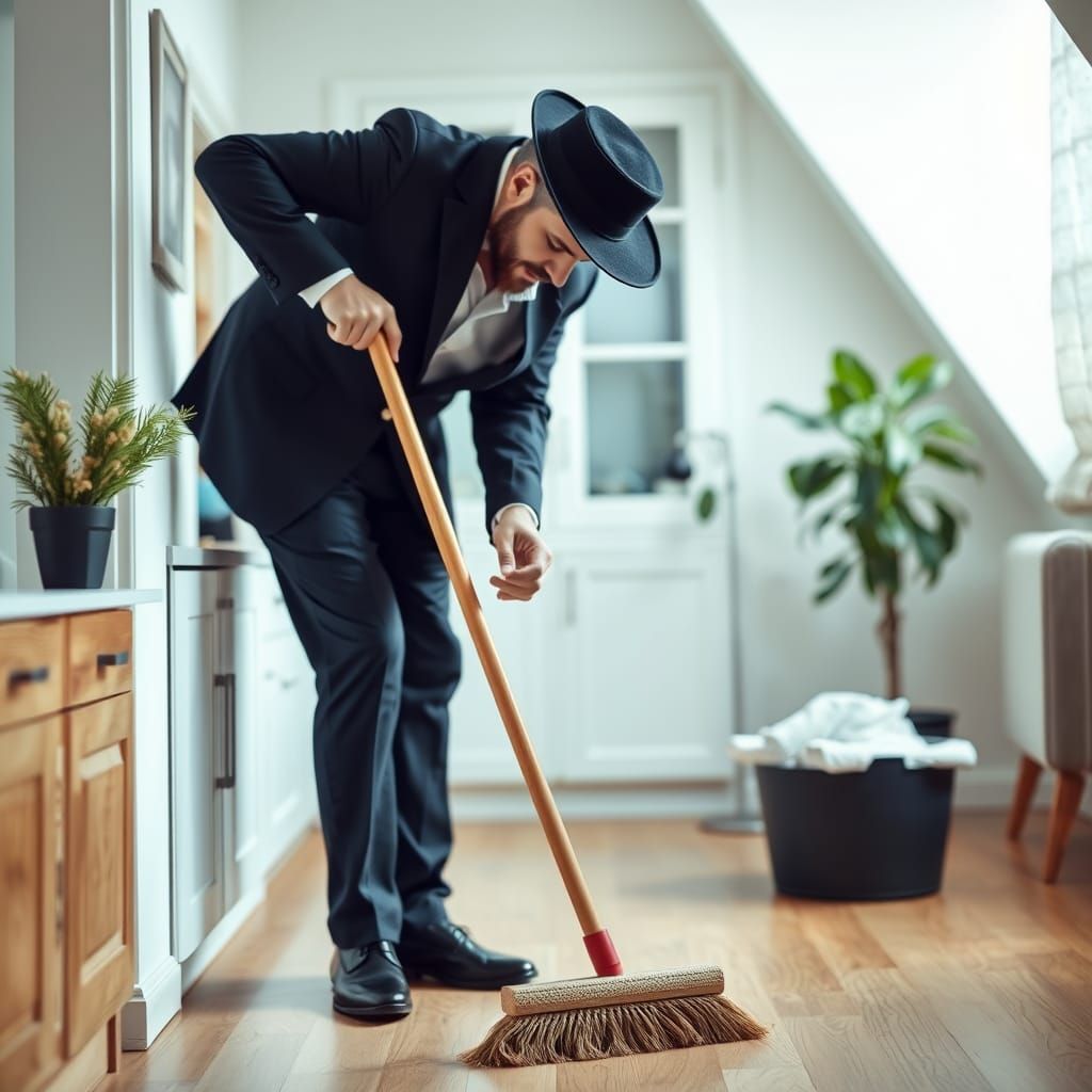Ultra-Orthodox Man Cleans Home with Broom in a Spotless Envi...