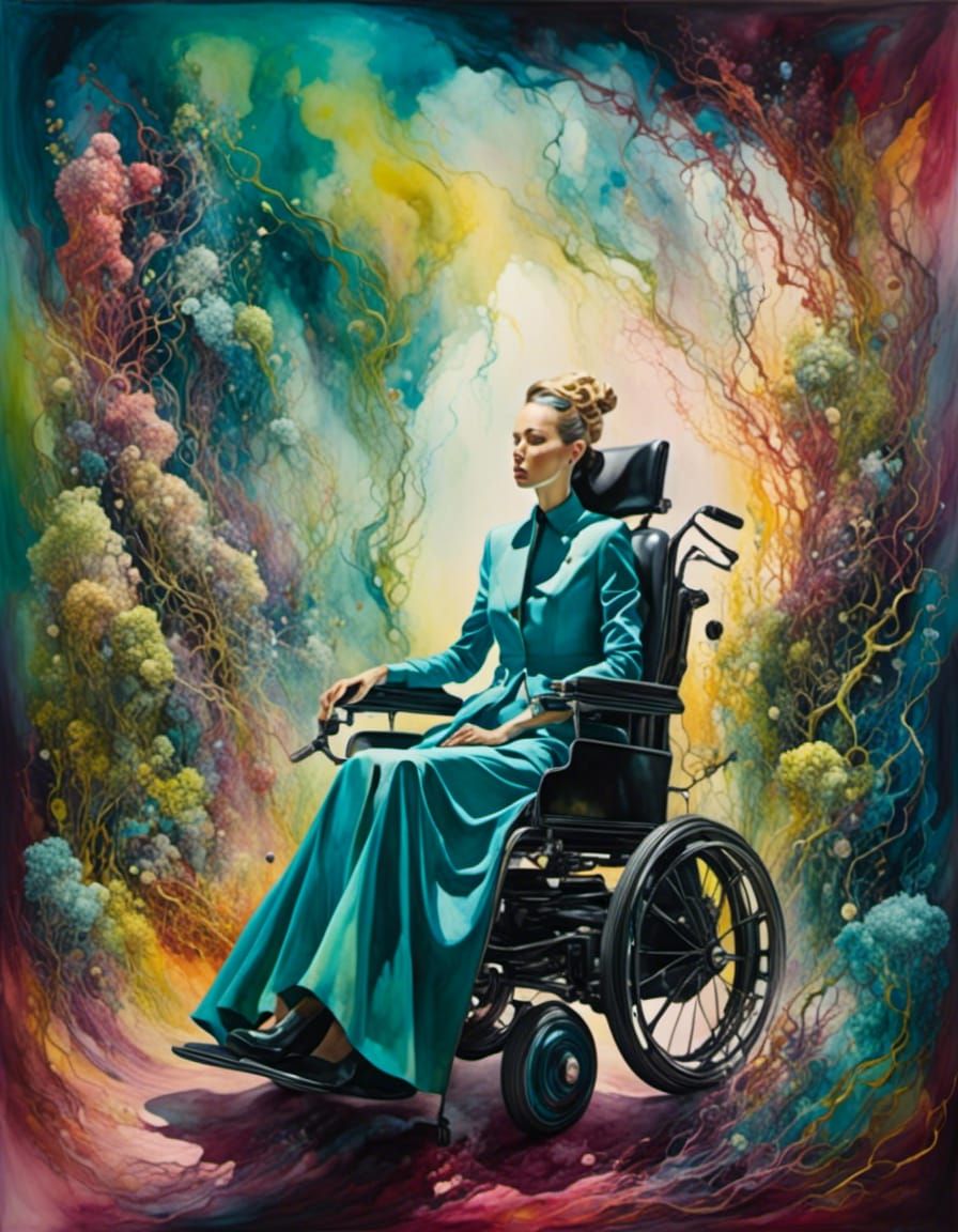 Surreal portrait of a woman using an electric wheelchair, alcohol ink and watercolor  <lora:Surreal mobility art:1.0>