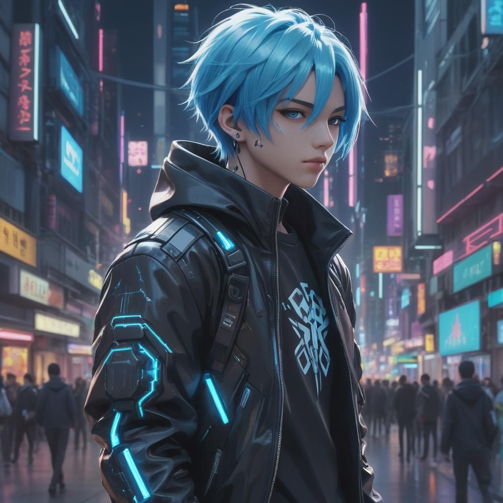 A cool anime boy with neon blue hair and cybernetic enhancem...