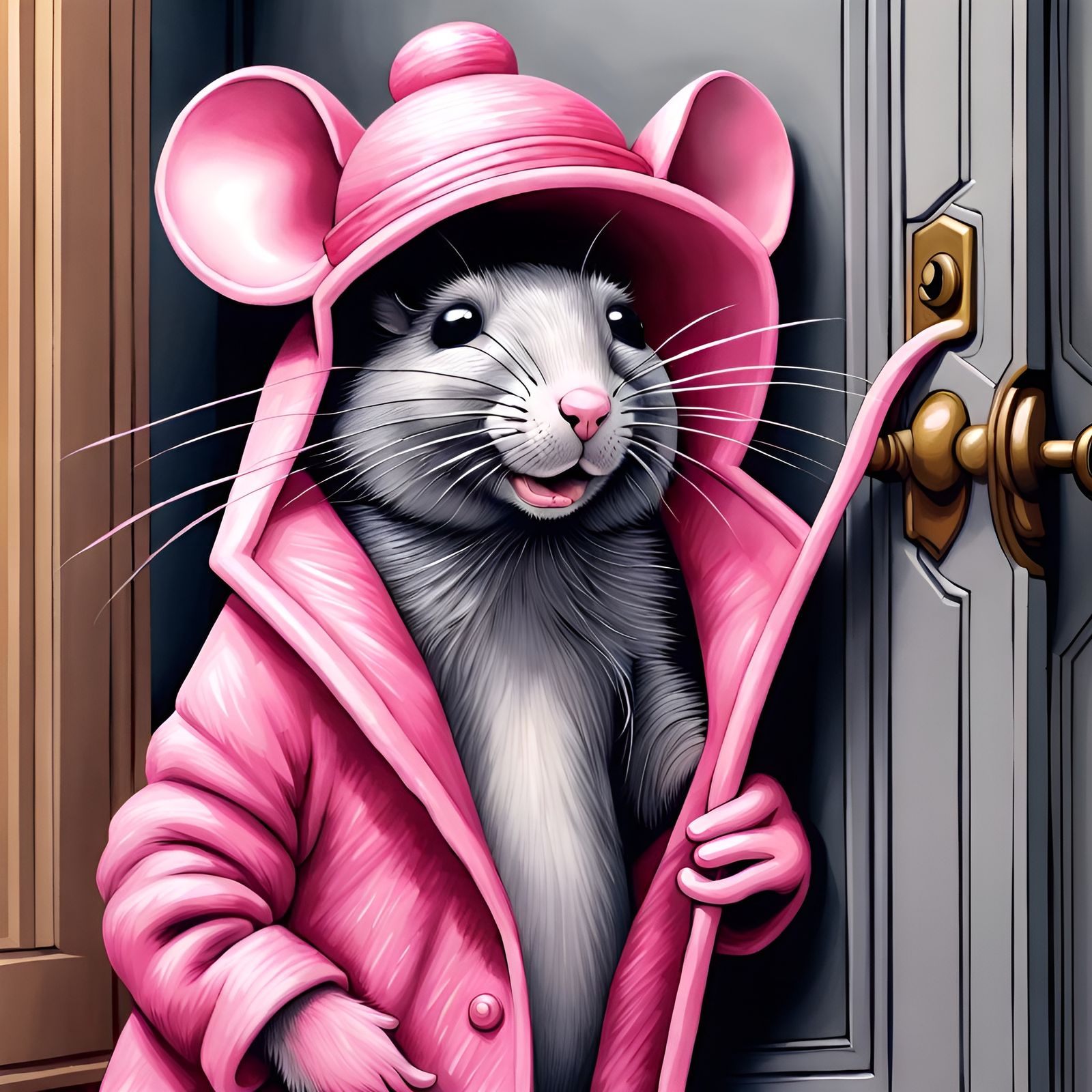 a grey mouse wearing a pink coat and hat coming out of a doorway