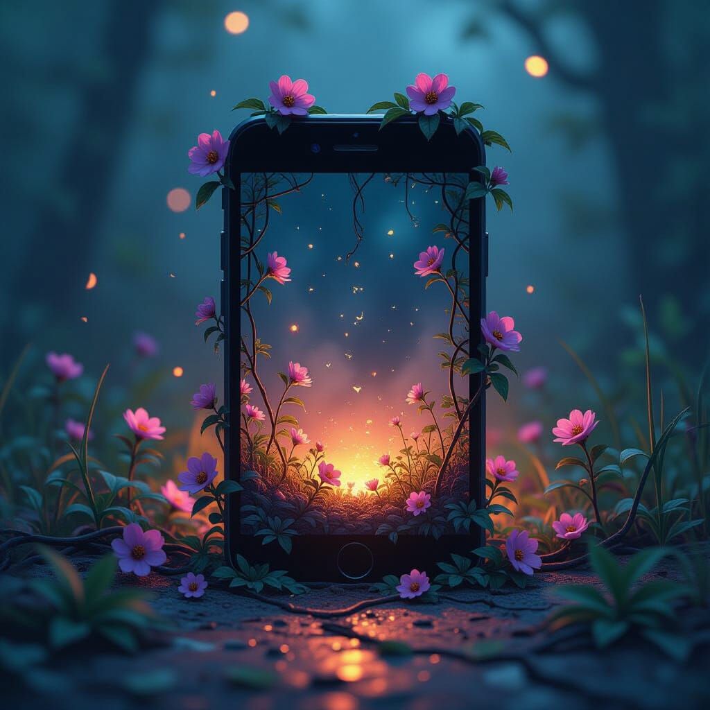 Des vignes rampant et des fleurs hors d'un téléphone portable fissuré.  by @Jessy 44