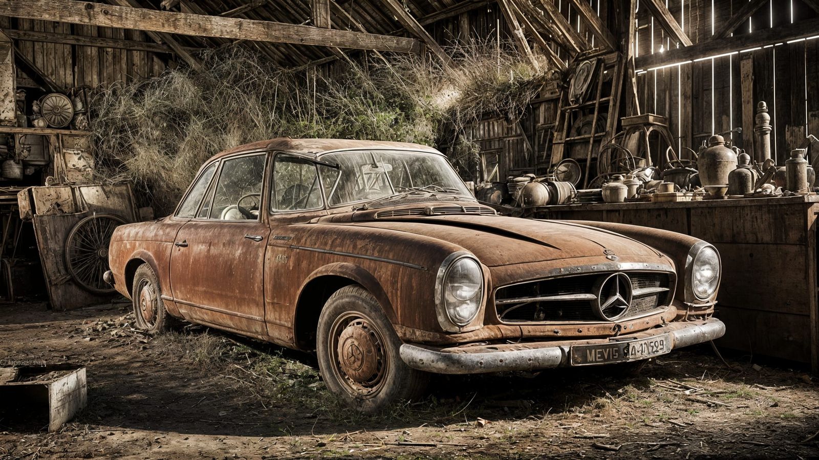 Mercedes Benz in a barn