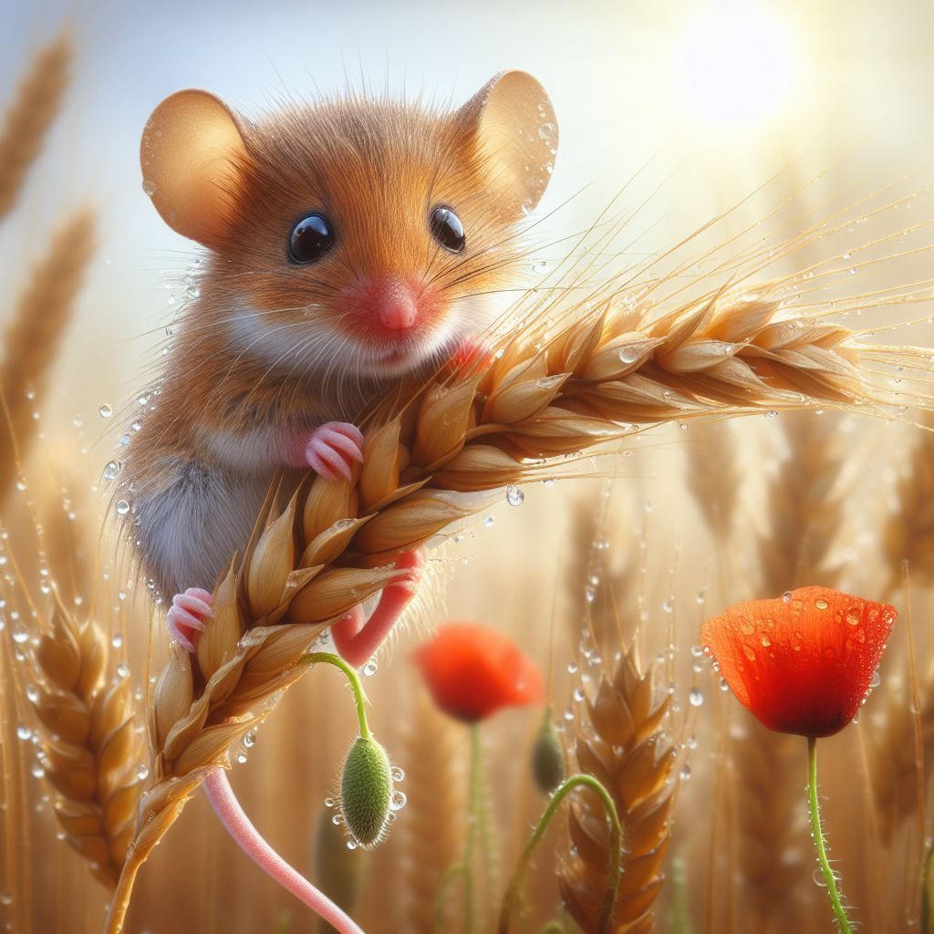 Harvest mouse on a wheat stalk covered with dew drops