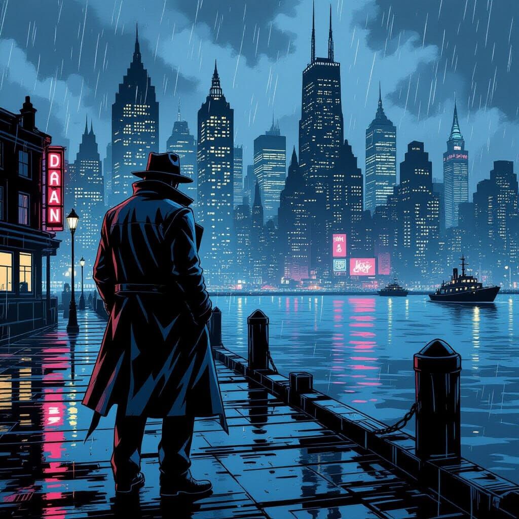 A lone detective, trench coat billowing in the wind, stands on a rain-slicked pier overlooking a gothic ...  by @TheShapeshiftress