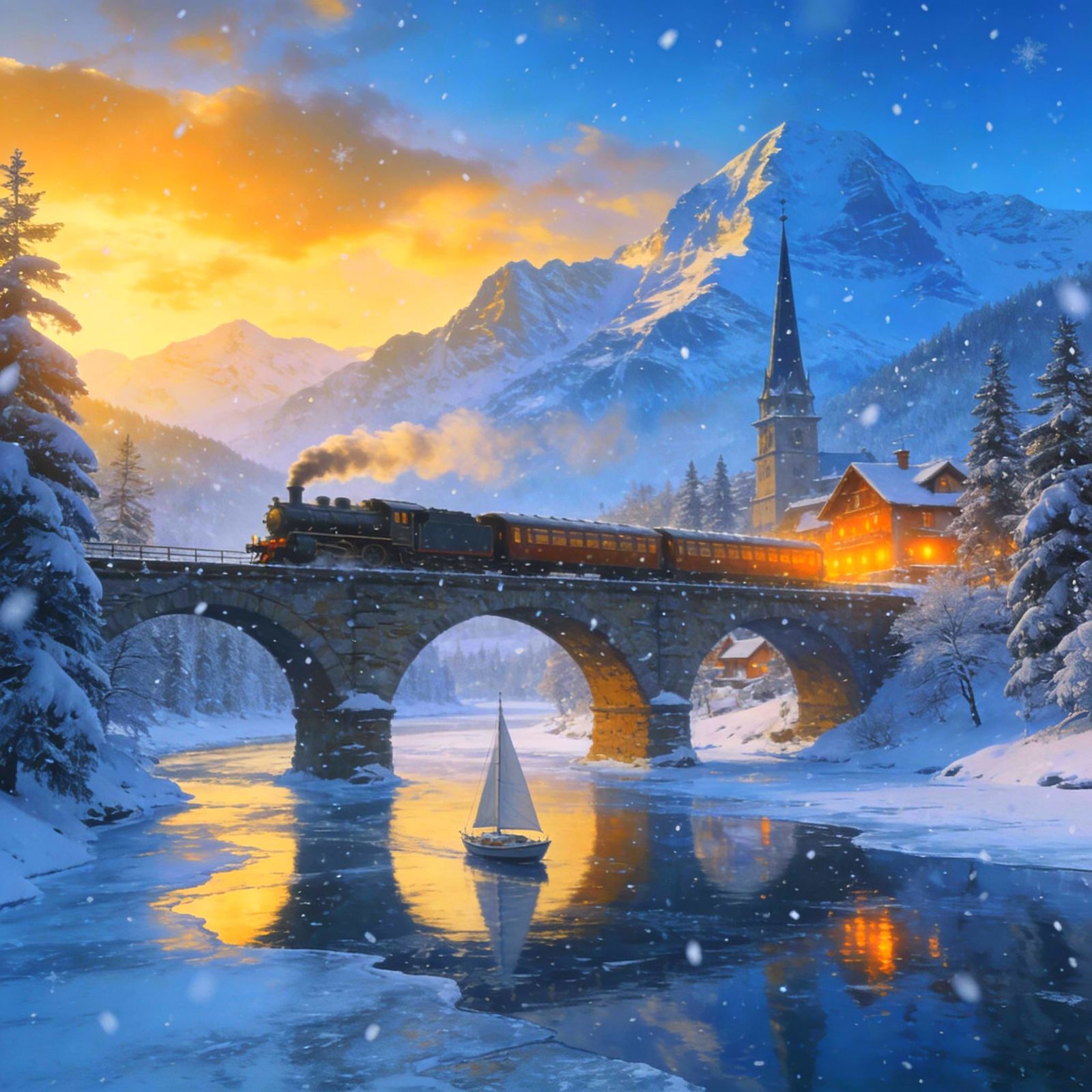 Vintage Train Crossing Snowy Bridge at Sunset