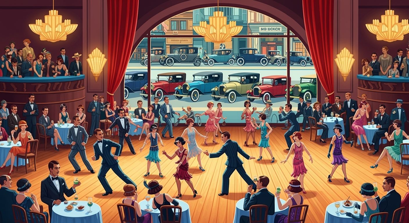 A charleston competition in the roaring twenties.  Some hundred people on the dance floor.  The people around the dance ...