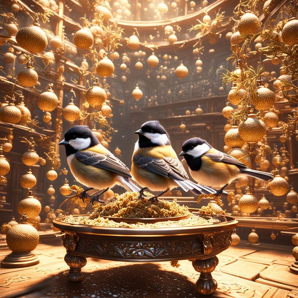 Chickadees in a treasure room. 

RAW color, top Angle, vivid...