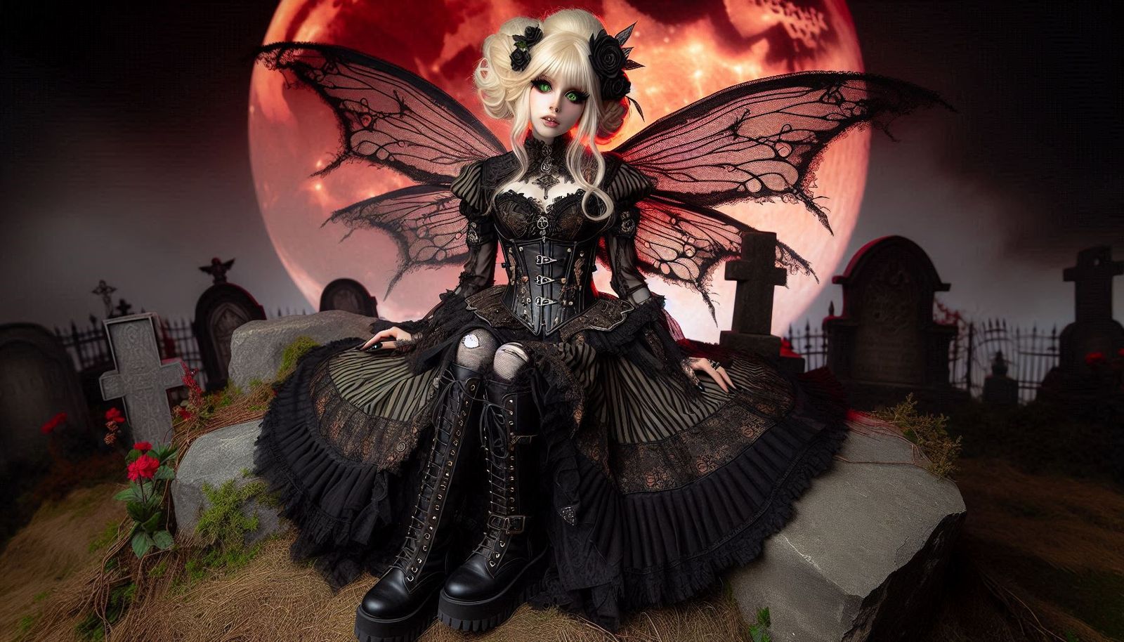Gothic fairy at graveyard under blood moon
