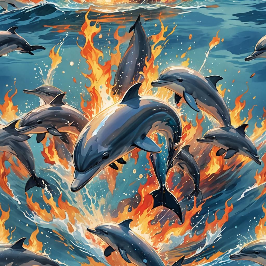 Flaming Dolphins Leap in Anime Style