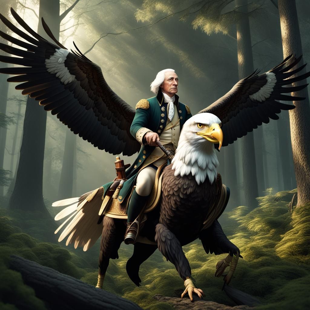 George Washington riding a bald eagle with black hair with blonde and ...