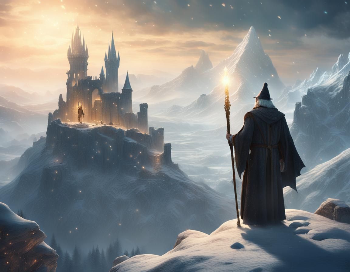 Wizard on Snowy Peak with Glowing Staff