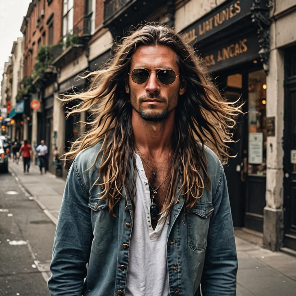 The coolest dude in the world with wild and long hair.