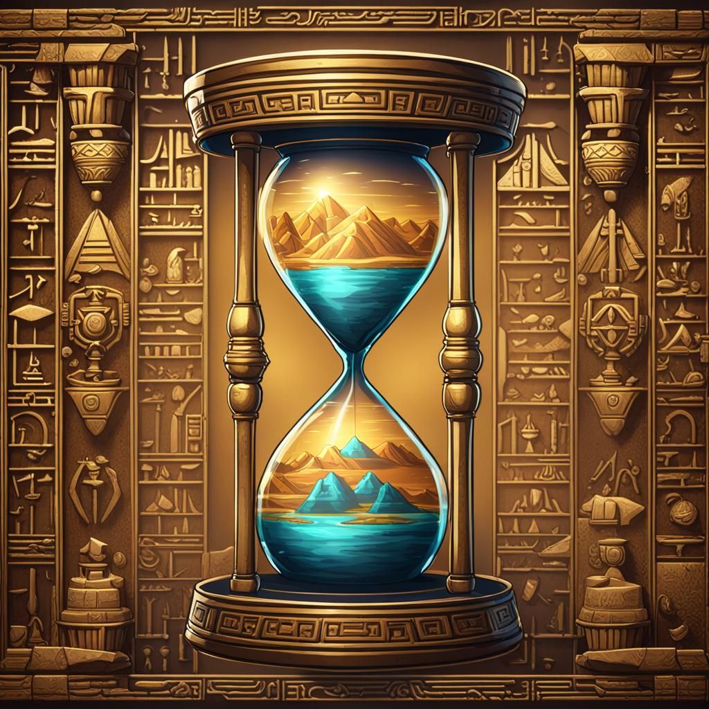 hourglass in Egyptian hieroglyphs Masterpiece, Best Quality, flat, Manga Scan, Anime, cinematic lighting, ...  by @jimmyoutside