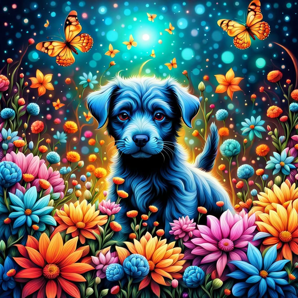 Puppy surrounded by flowers